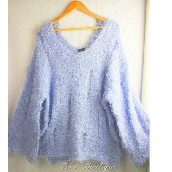 Blue Distressed Eyelash Relaxed Fit V-Neck Off Shoulder Sweater - Picture 11 of 11